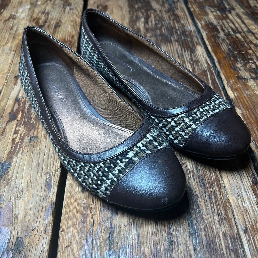 Naturalizer Adair Brown Tweed Ballet Flats Houndstooth Cap Toe Size 6 Preppy